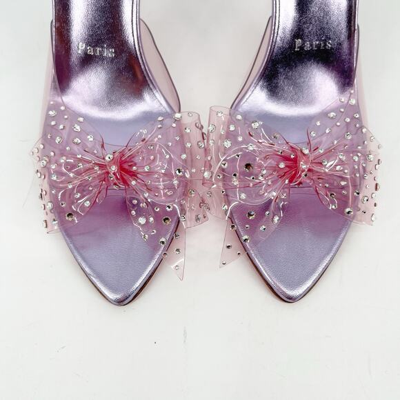 Christian Louboutin Aqua Strass 80 PVC Pink Crystal Bow Pointed Toe Mules EU 38 - Picture 6 of 10